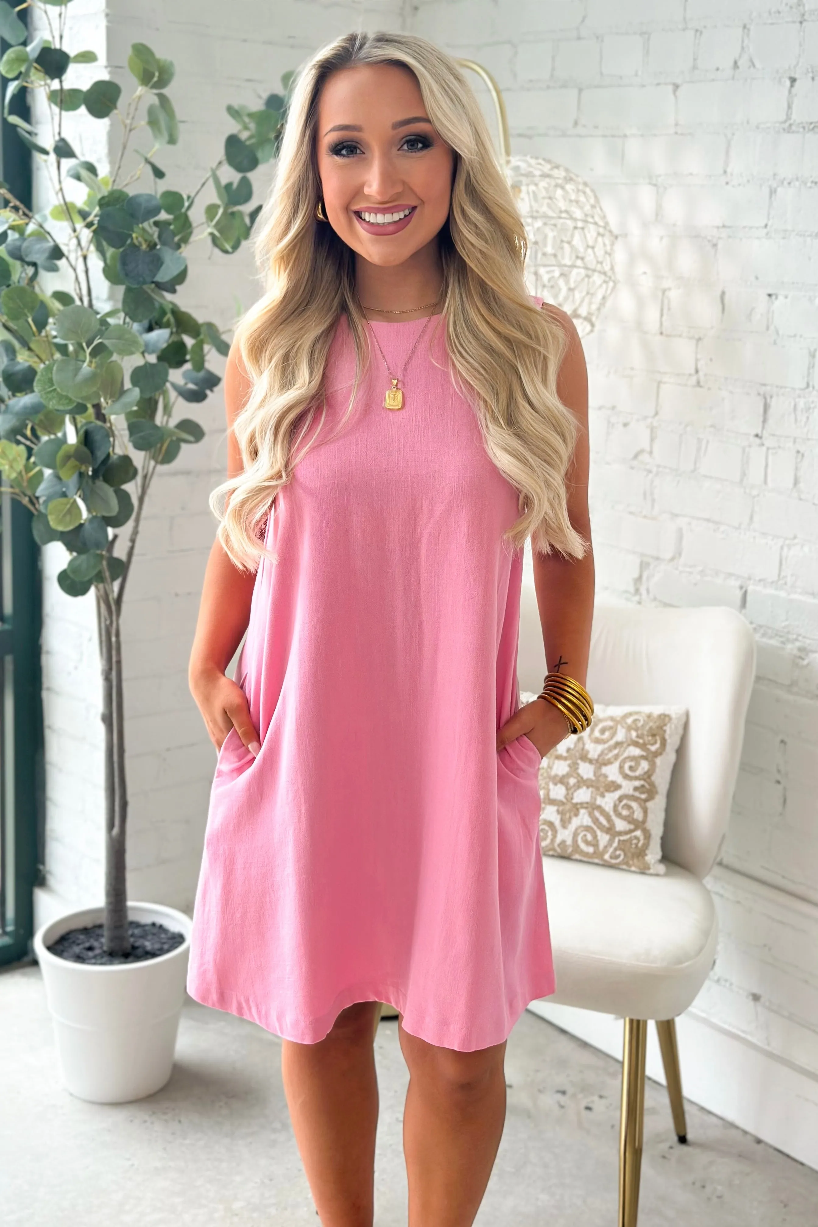 Pink Sleeveless Linen Dress