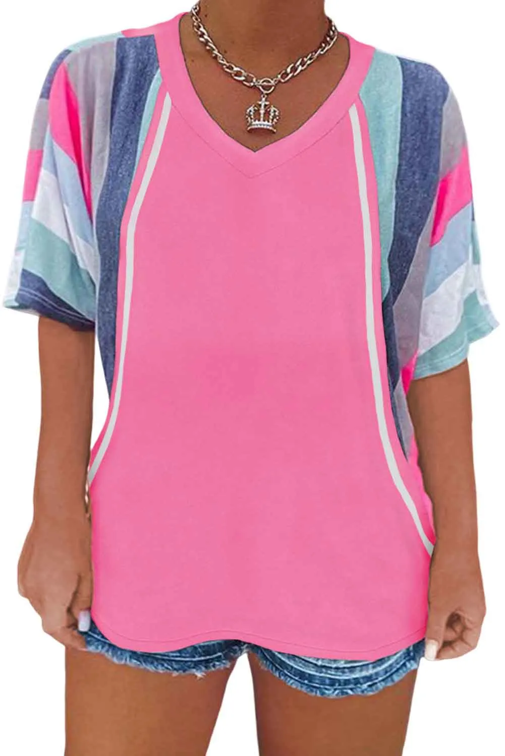 Pink Striped Patchwork Short Sleeve V Neck Plus Size T-Shirt