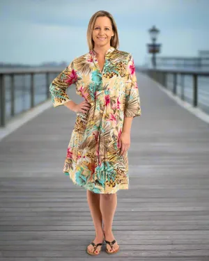 Pleated Summer Dress in Ecru and Hot Pink Floral