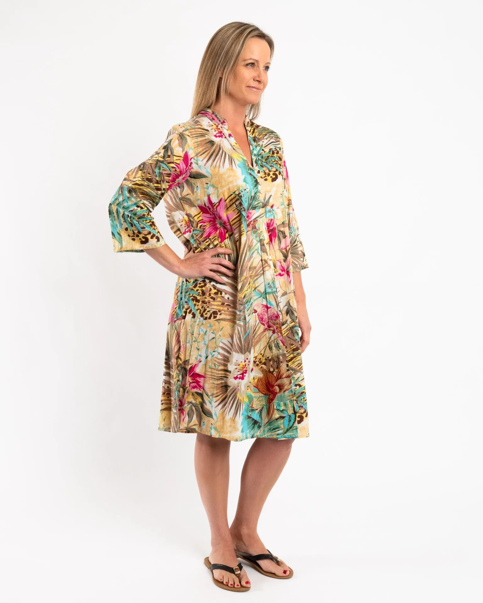 Pleated Summer Dress in Ecru and Hot Pink Floral