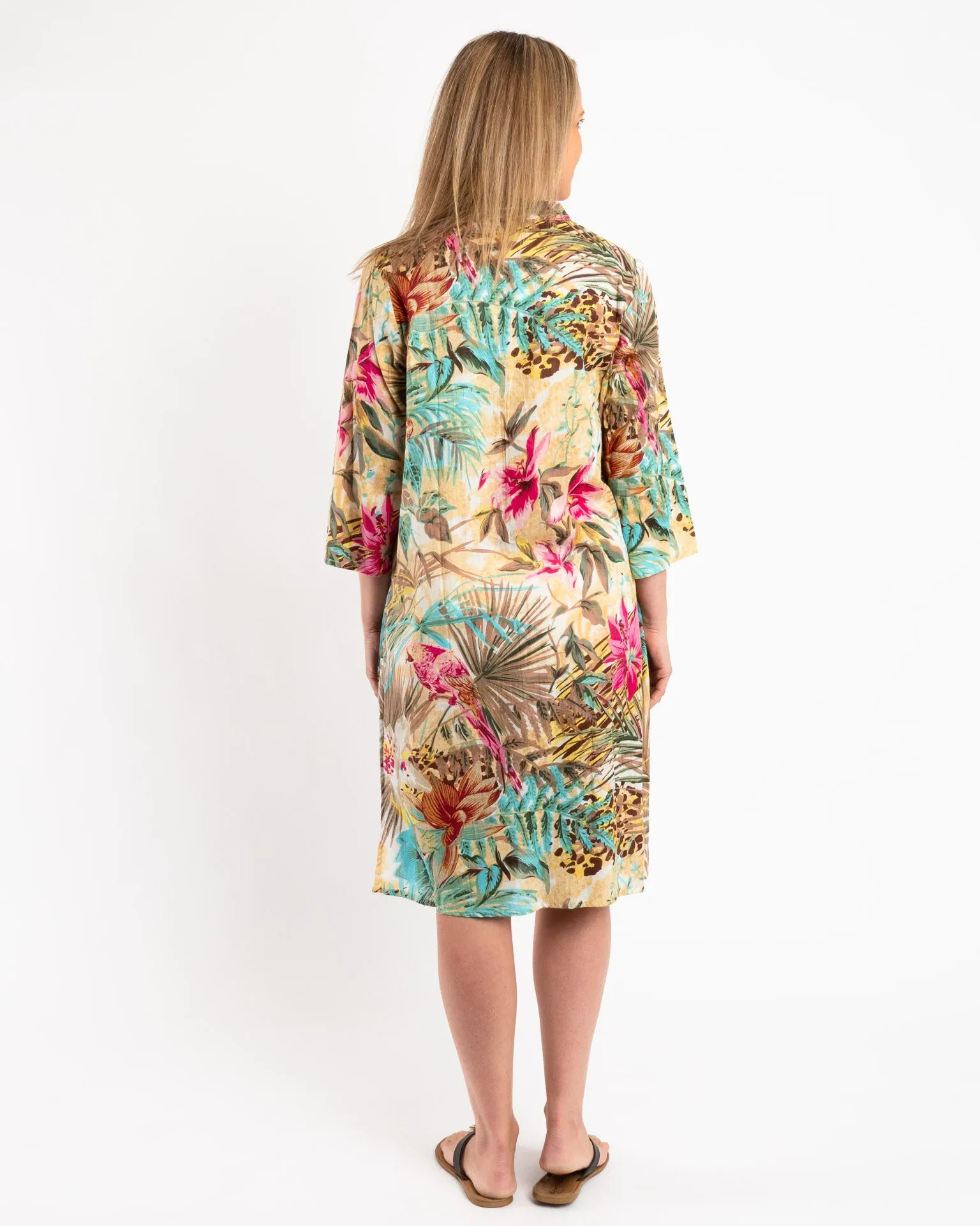 Pleated Summer Dress in Ecru and Hot Pink Floral