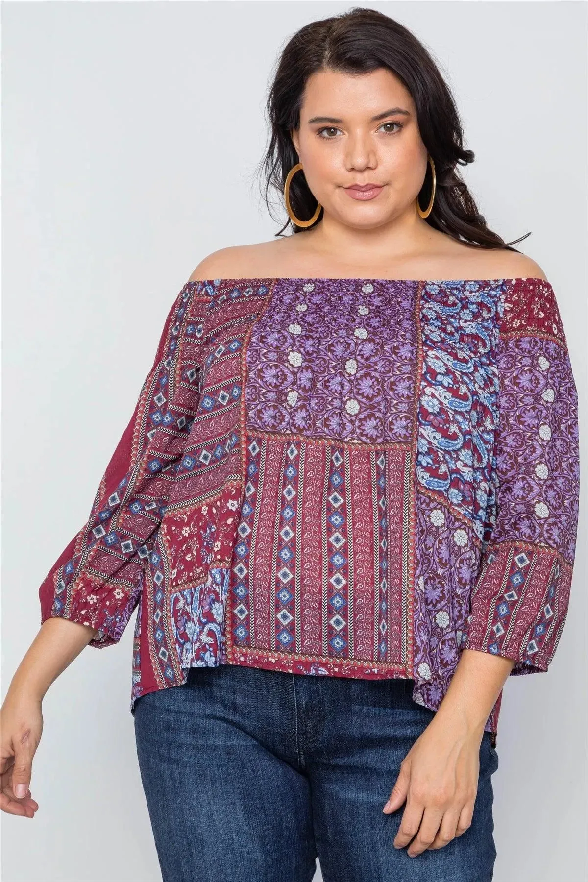 Plus Size Burgundy Off-The-Shoulder Multi Print Top /2-2-2