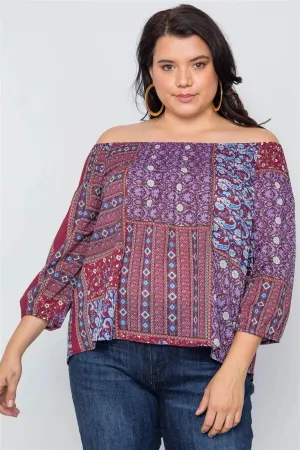 Plus Size Burgundy Off-The-Shoulder Multi Print Top /2-2-2
