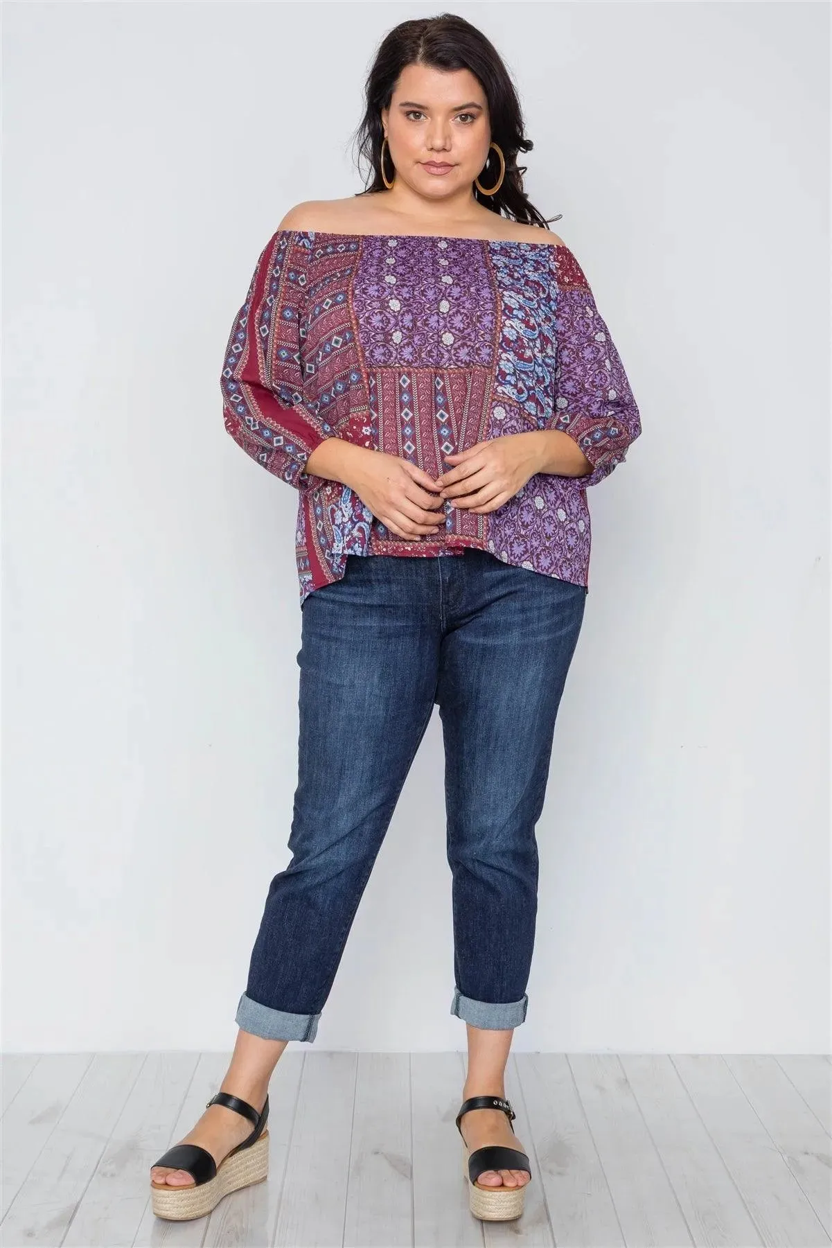 Plus Size Burgundy Off-The-Shoulder Multi Print Top /2-2-2