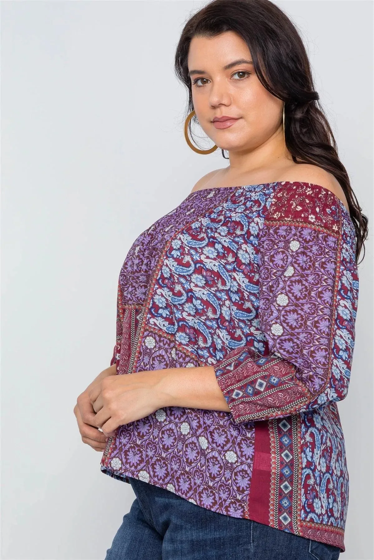 Plus Size Burgundy Off-The-Shoulder Multi Print Top /2-2-2