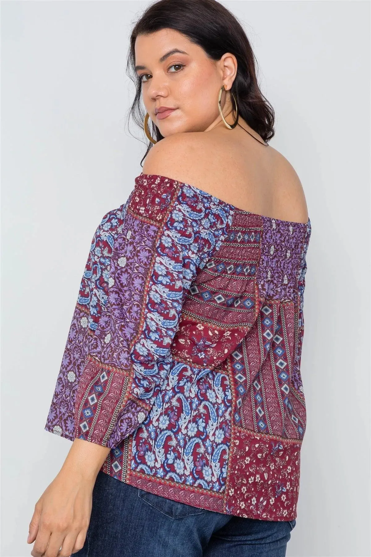 Plus Size Burgundy Off-The-Shoulder Multi Print Top /2-2-2