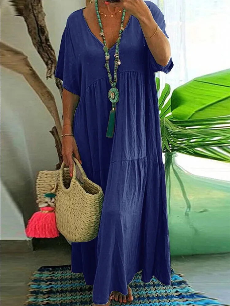 Plus Size Casual Loose V-Neck Solid Long