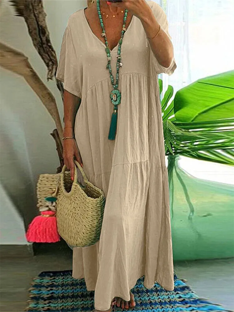 Plus Size Casual Loose V-Neck Solid Long