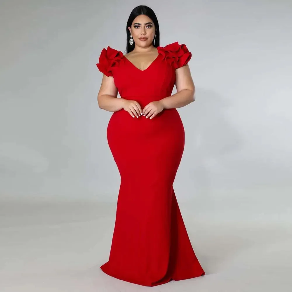 Plus Size Mermaid Evening Maxi Dress Elegant Ruffle Red Black Sexy Backless Wedding Party Formal Maxi Prom Dresses