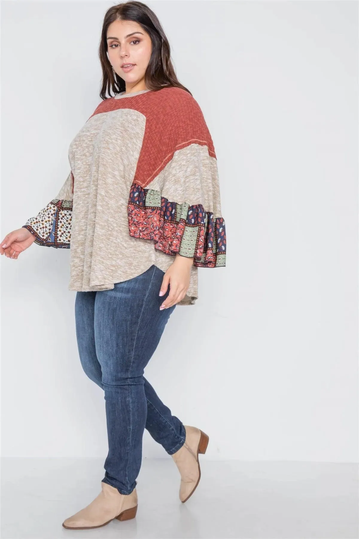 Plus Size Oatmeal Rust Knit Multi Pattern Top /2-2-2