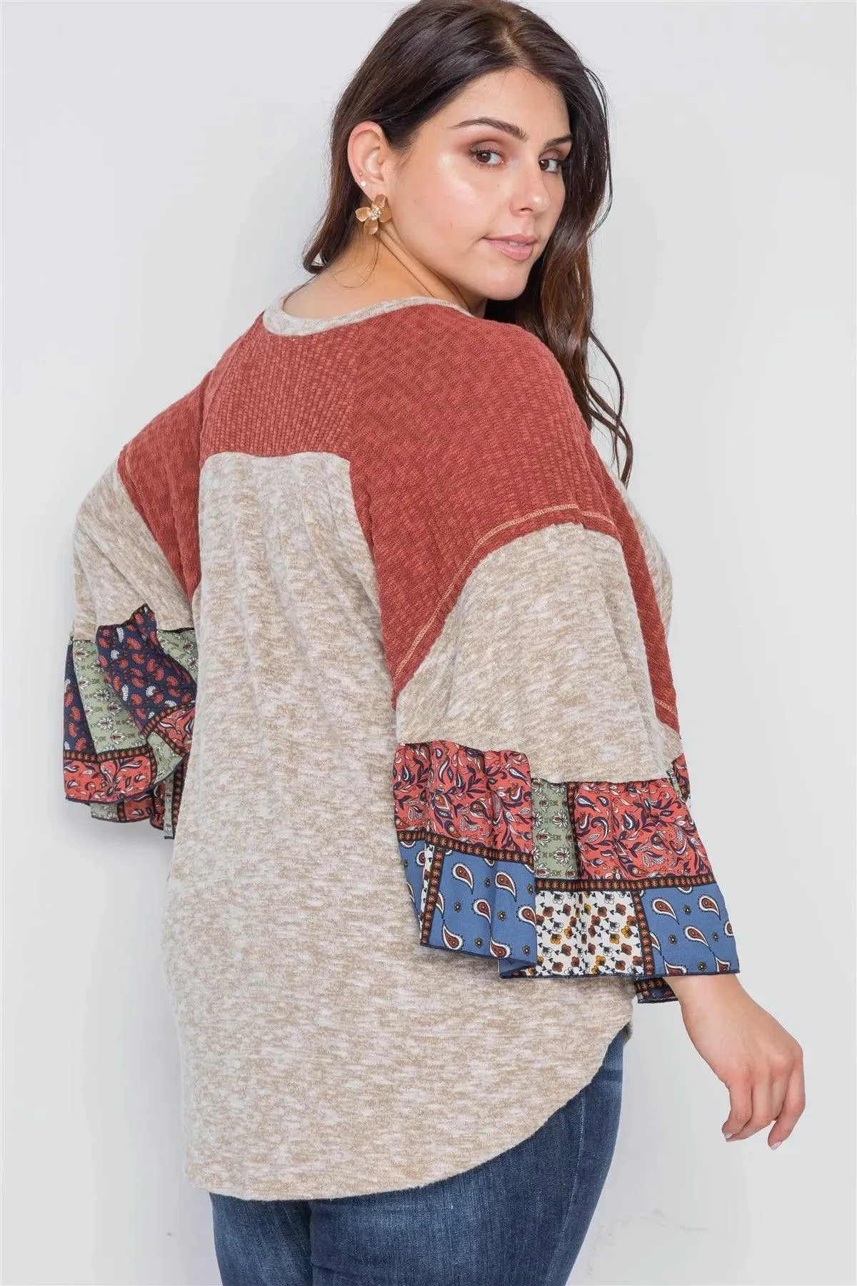 Plus Size Oatmeal Rust Knit Multi Pattern Top /2-2-2