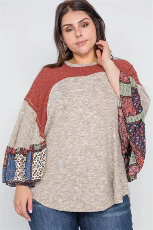 Plus Size Oatmeal Rust Knit Multi Pattern Top /2-2-2