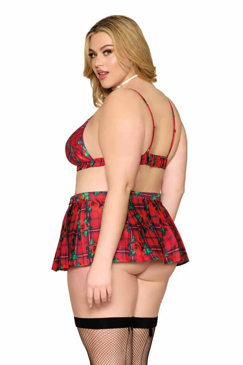Plus Size Rose Plaid Bralette with Mini Skirt