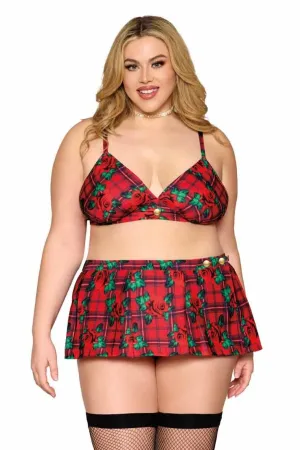 Plus Size Rose Plaid Bralette with Mini Skirt