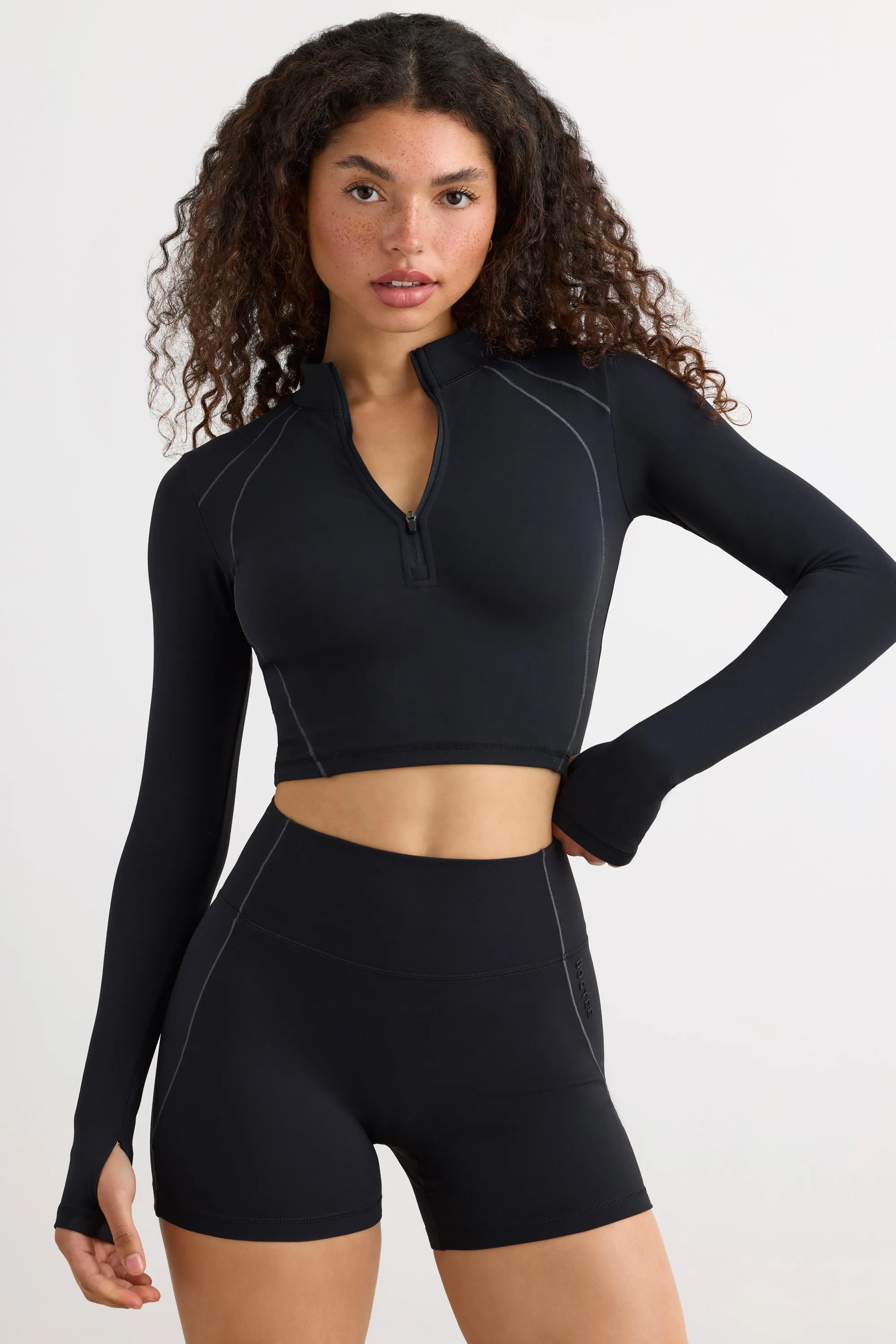 Process - Soft Active Half Zip Crop Top in Black