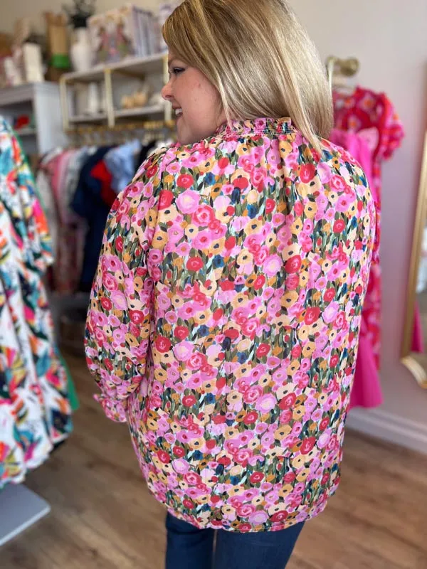 "Frilly Florals" Curvy 3/4 Sleeve Button-Down Top