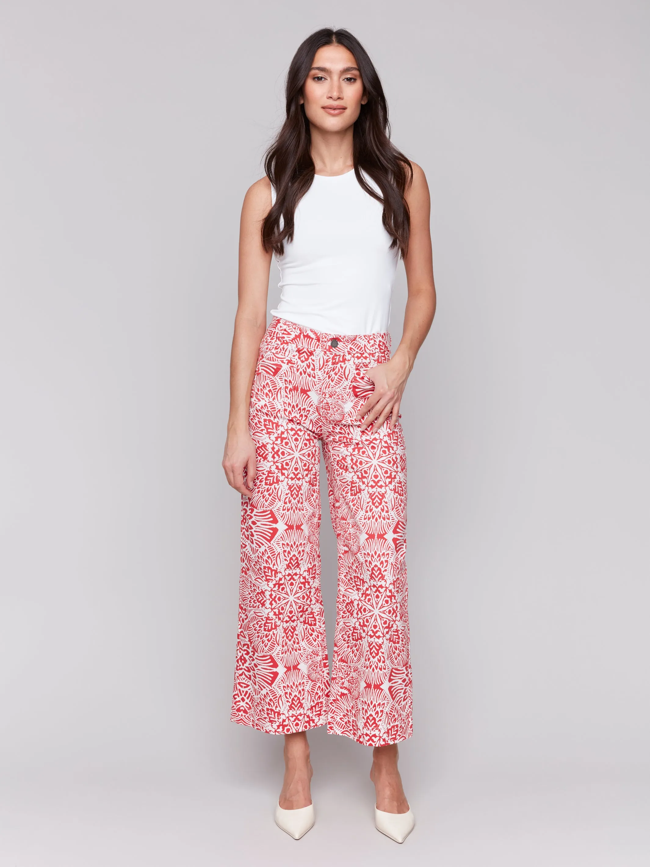 Red & White Fiesta Print Cropped Flare Pants
