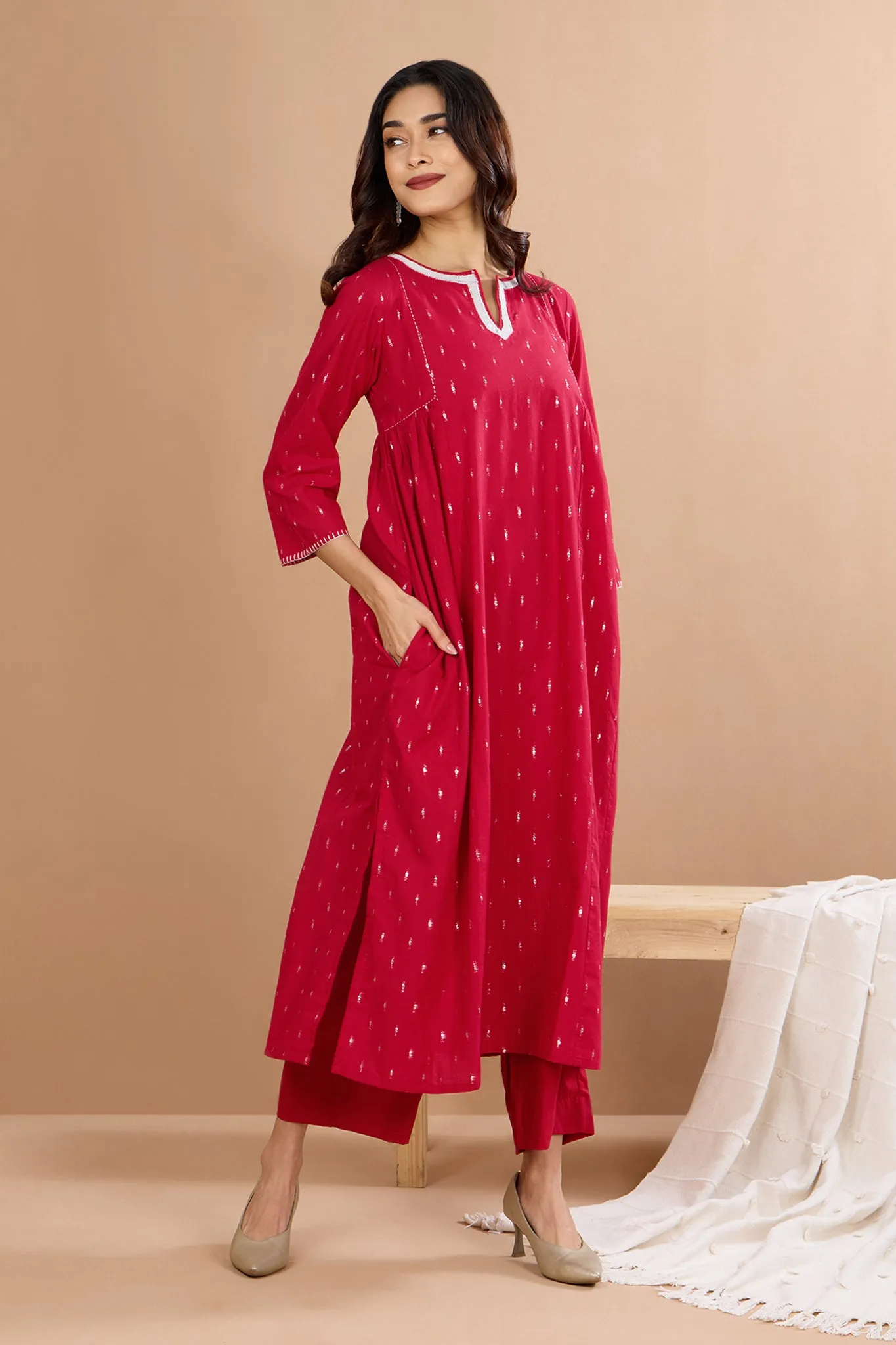 Red Moonlight Shimmer Side Gather A-Line Kurta