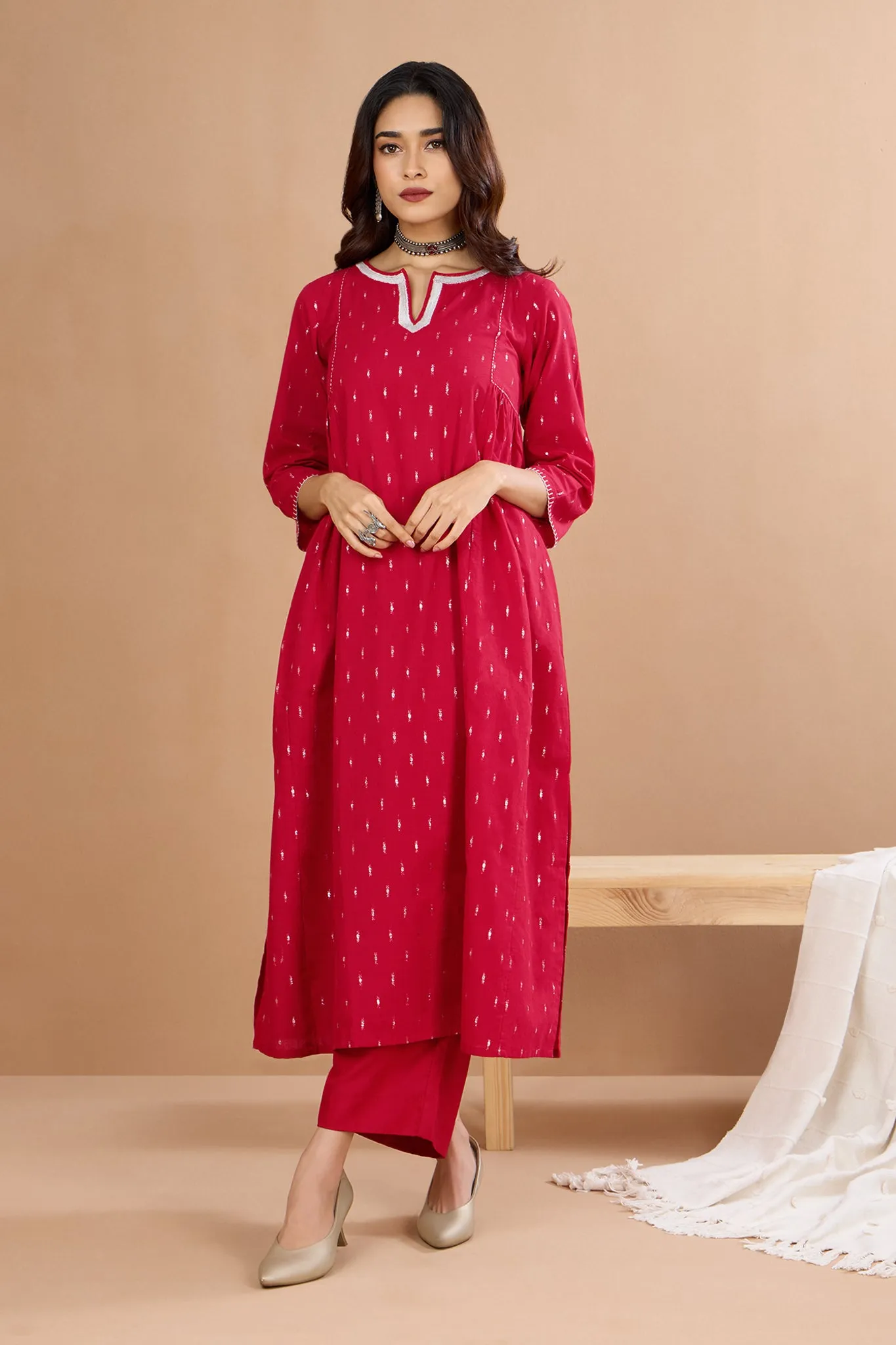 Red Moonlight Shimmer Side Gather A-Line Kurta