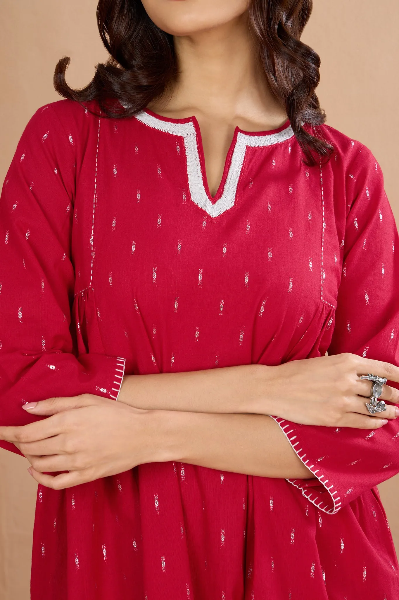 Red Moonlight Shimmer Side Gather A-Line Kurta