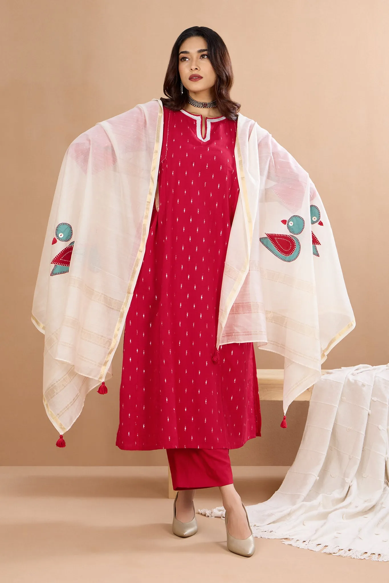 Red Moonlight Shimmer Side Gather A-Line Kurta