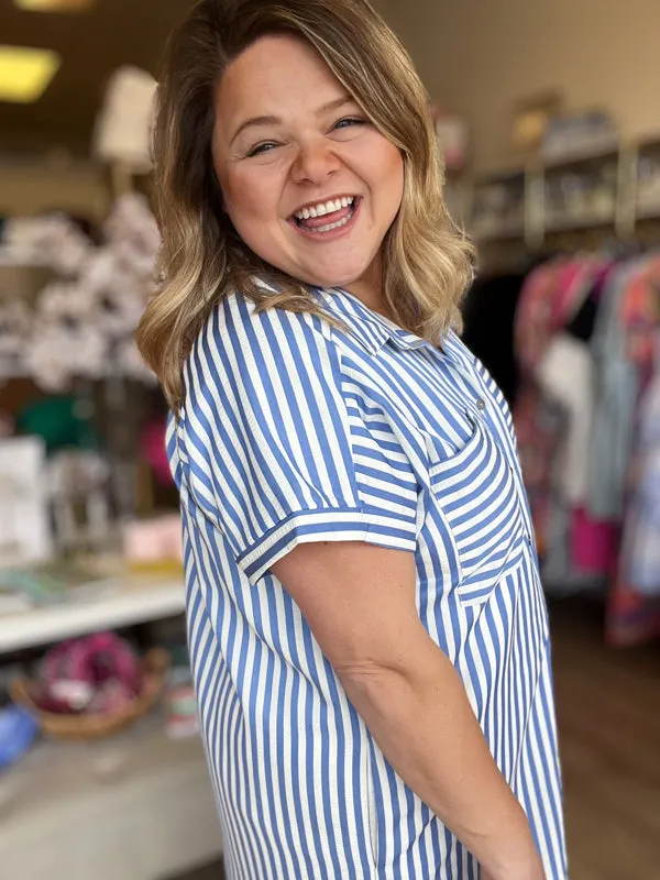 RESTOCKED! "Morning Glory" Curvy Blue Stripe Midi Dress
