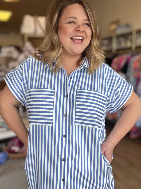 RESTOCKED! "Morning Glory" Curvy Blue Stripe Midi Dress