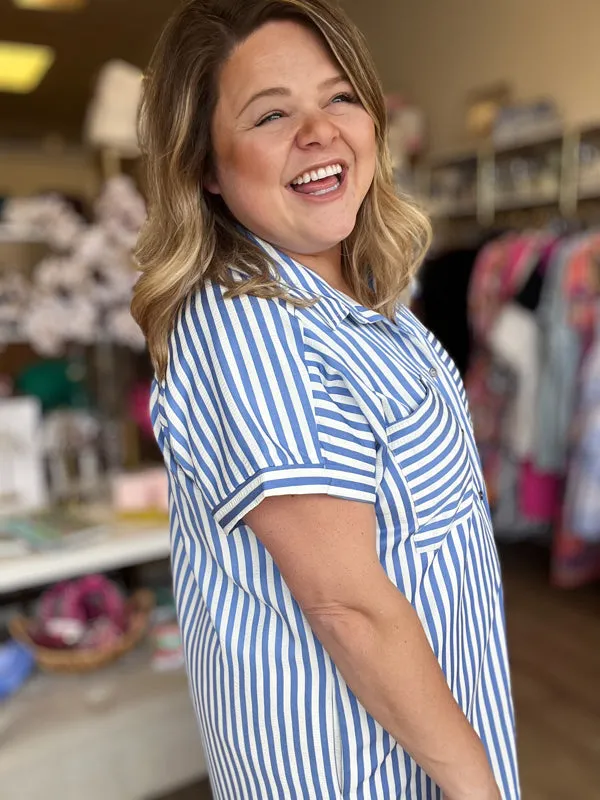 RESTOCKED! "Morning Glory" Curvy Blue Stripe Midi Dress