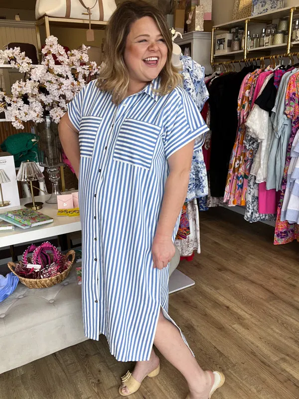 RESTOCKED! "Morning Glory" Curvy Blue Stripe Midi Dress