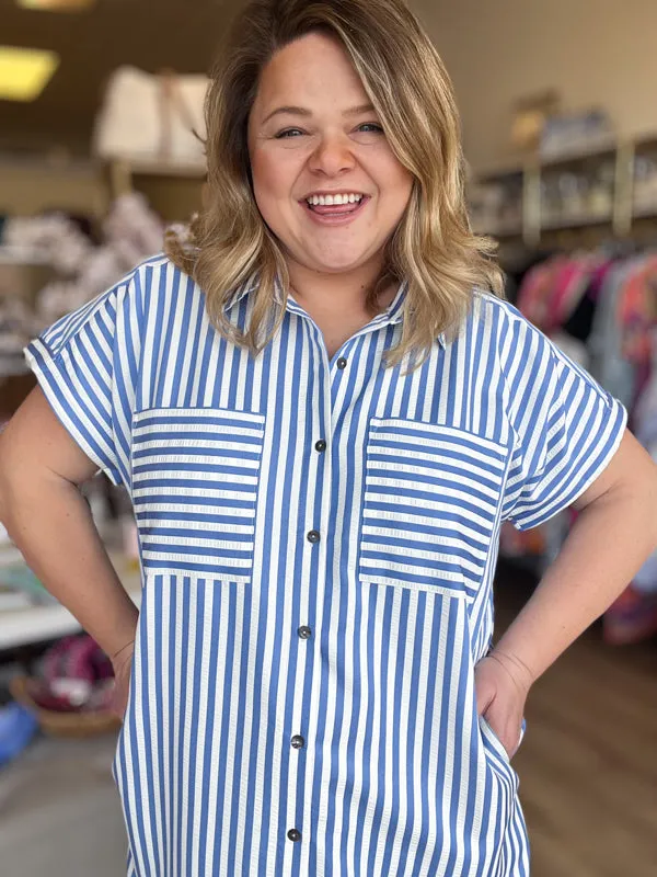 RESTOCKED! "Morning Glory" Curvy Blue Stripe Midi Dress
