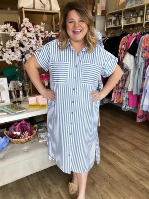 RESTOCKED! "Morning Glory" Curvy Blue Stripe Midi Dress