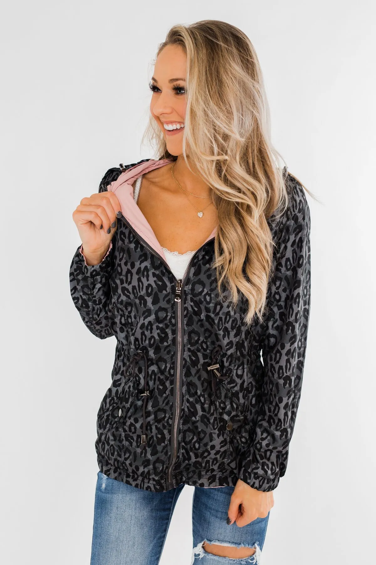 Reversible Rain Jacket- Grey Leopard & Blush Pink