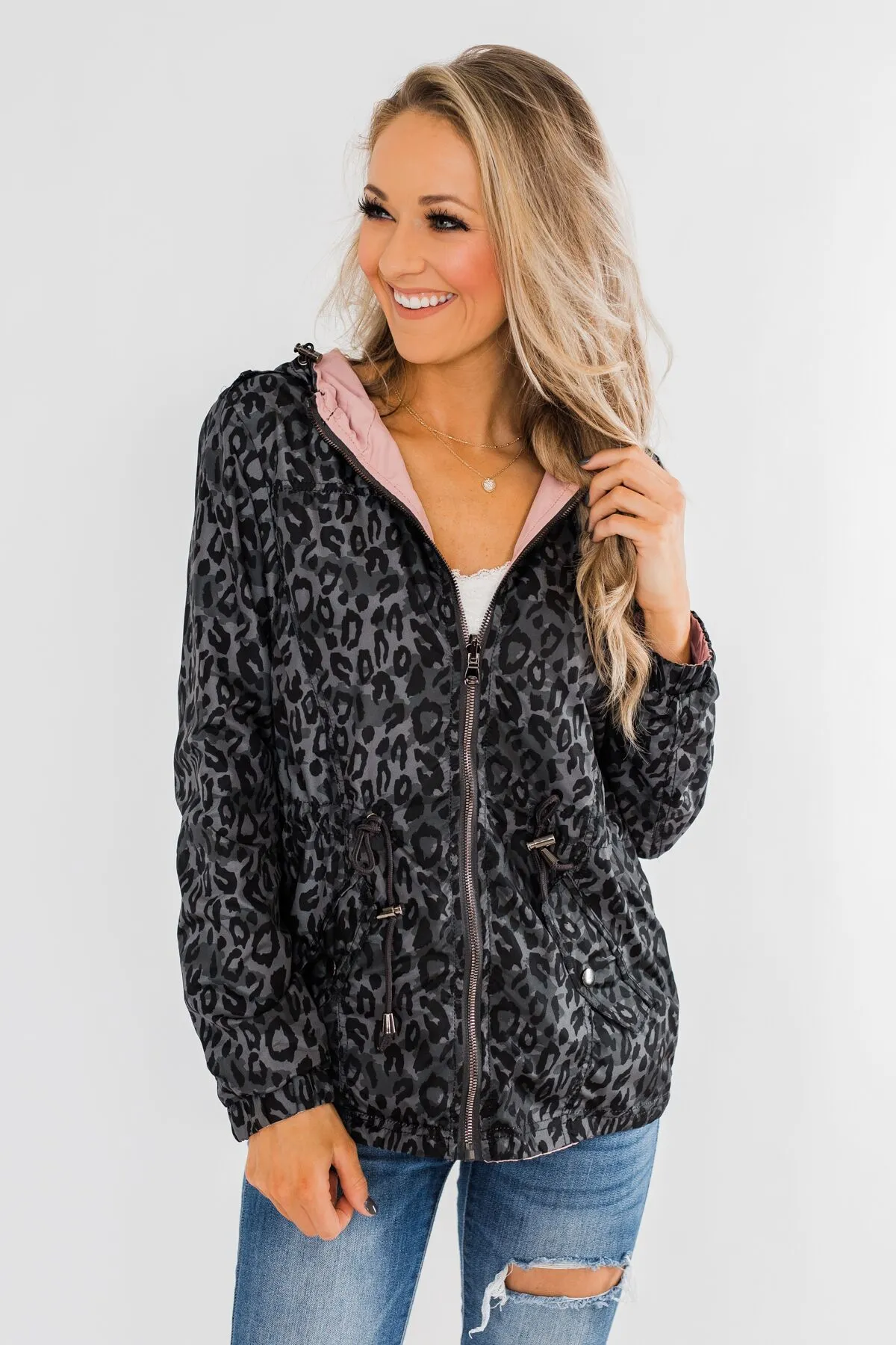 Reversible Rain Jacket- Grey Leopard & Blush Pink