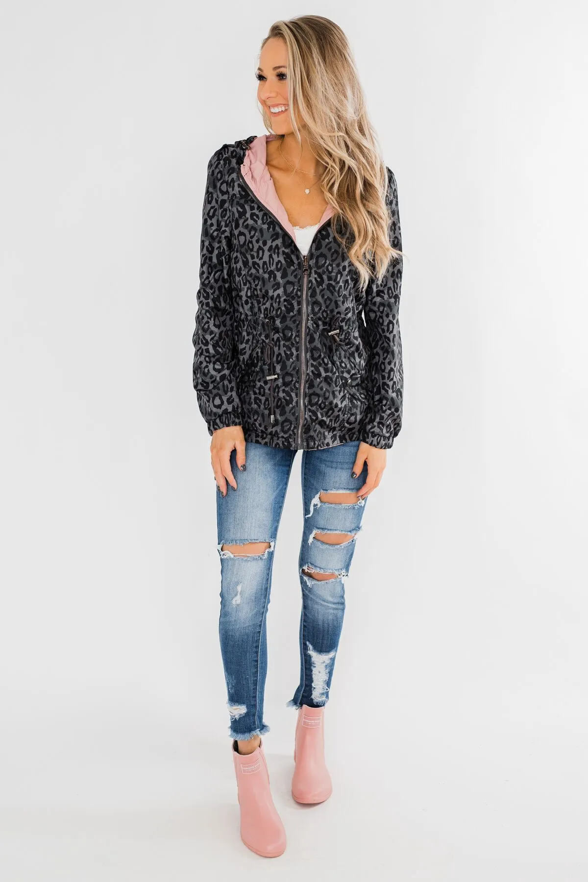 Reversible Rain Jacket- Grey Leopard & Blush Pink