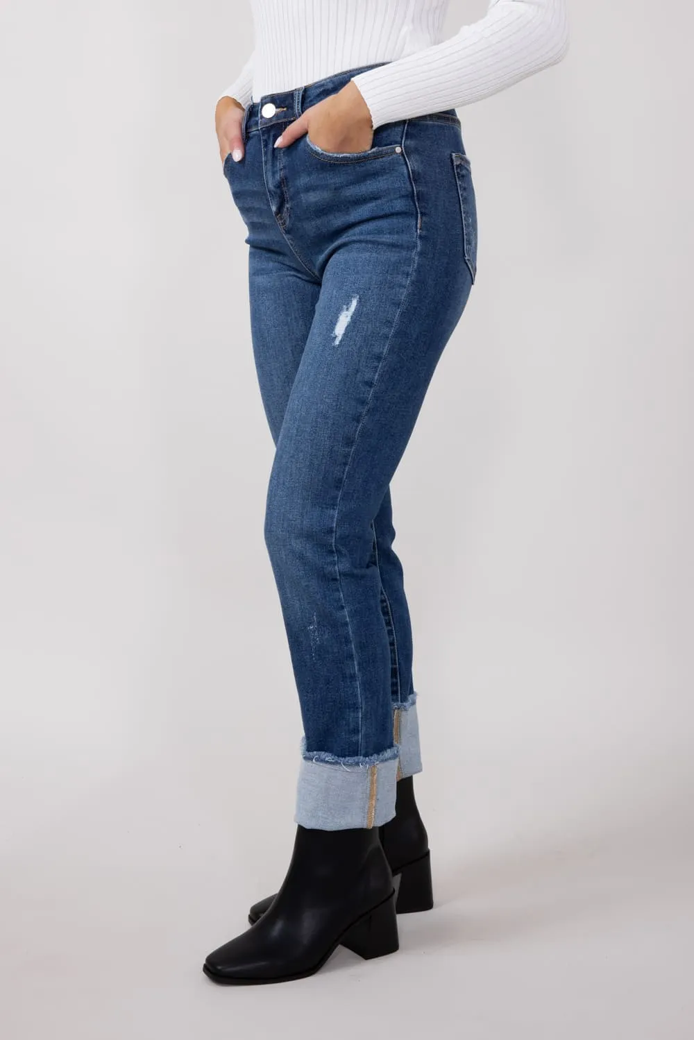 Risen High Rise Cropped Cuffed Straight Leg Jeans for Women | RDP1282CH-DK