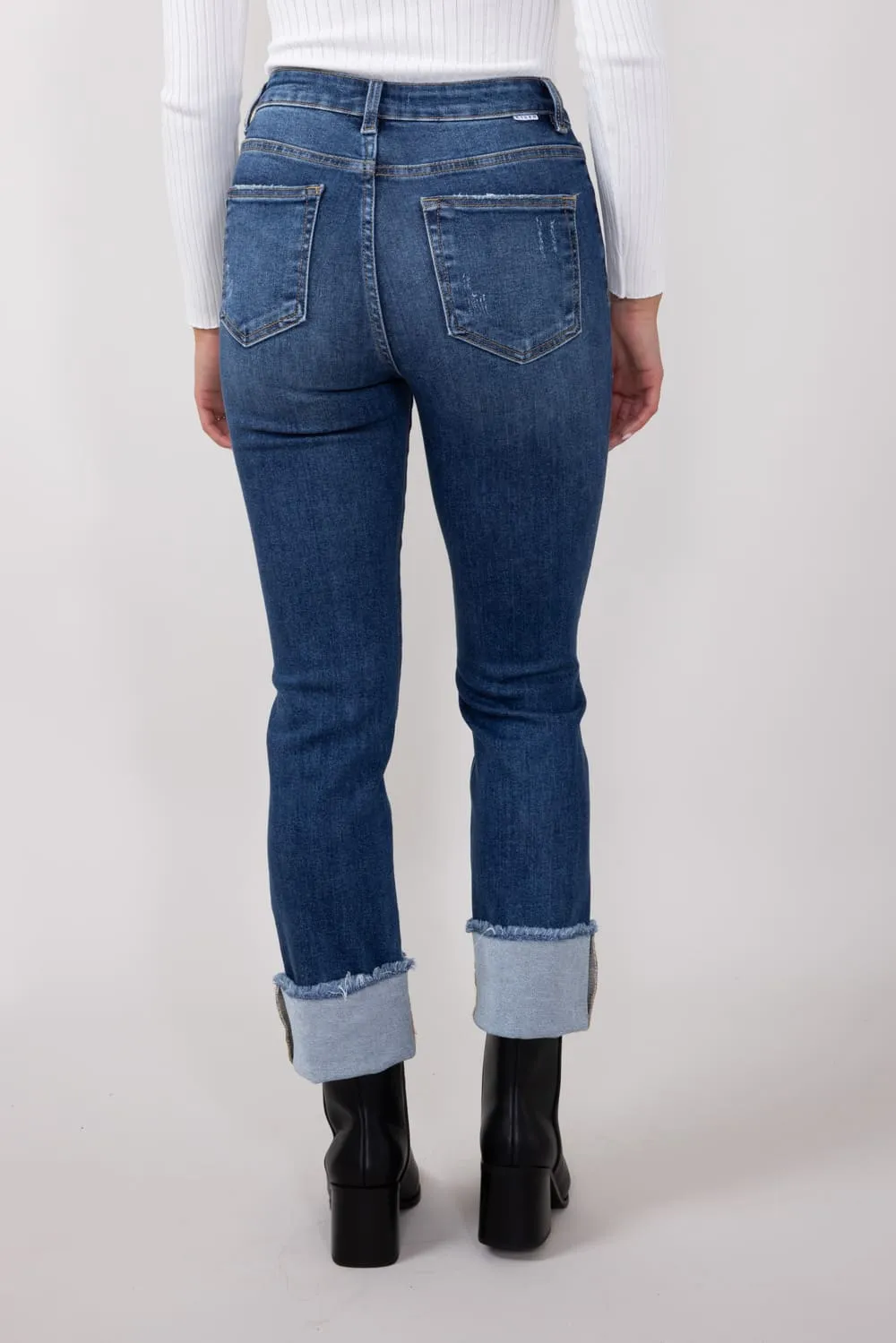 Risen High Rise Cropped Cuffed Straight Leg Jeans for Women | RDP1282CH-DK