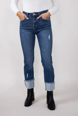 Risen High Rise Cropped Cuffed Straight Leg Jeans for Women | RDP1282CH-DK