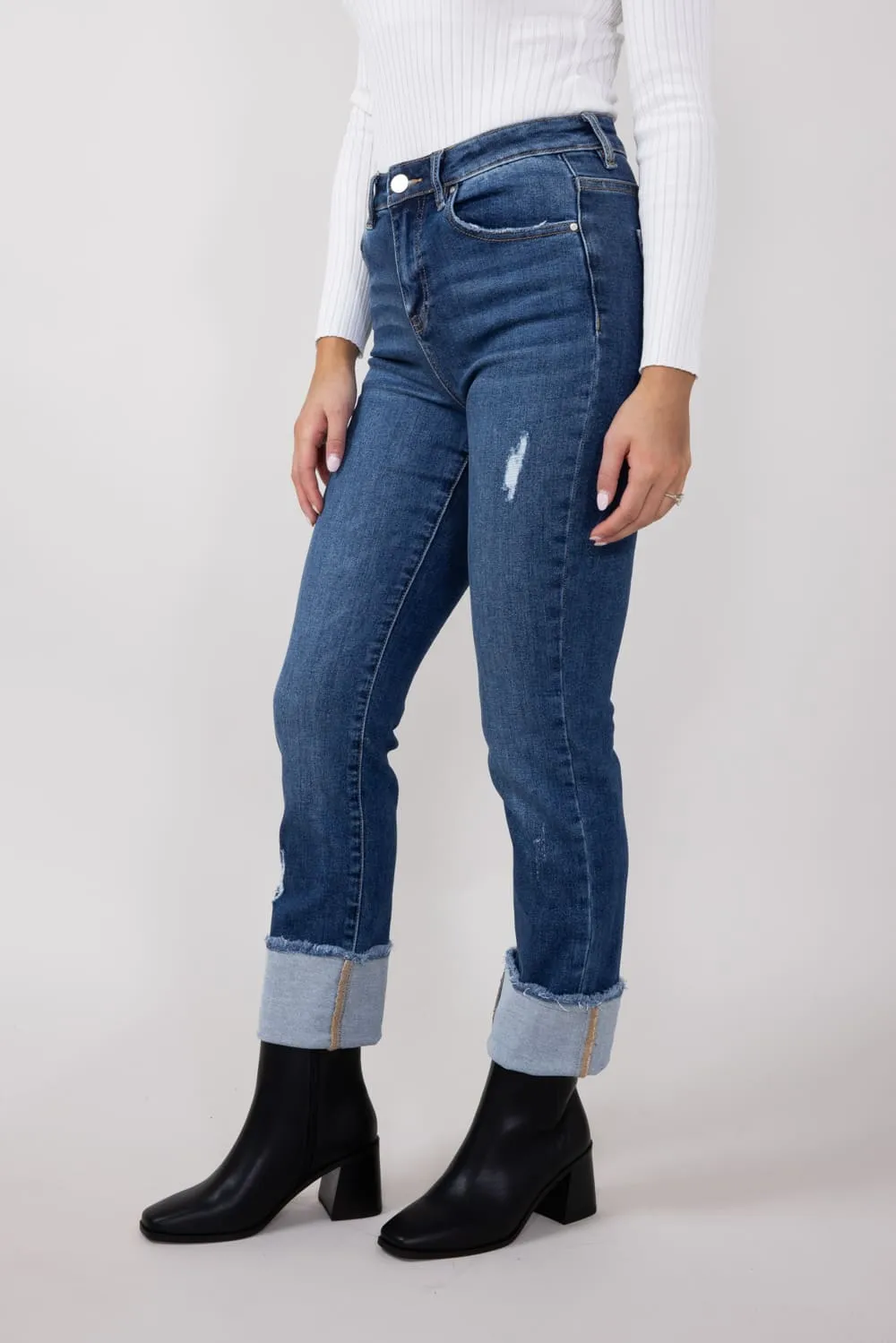 Risen High Rise Cropped Cuffed Straight Leg Jeans for Women | RDP1282CH-DK