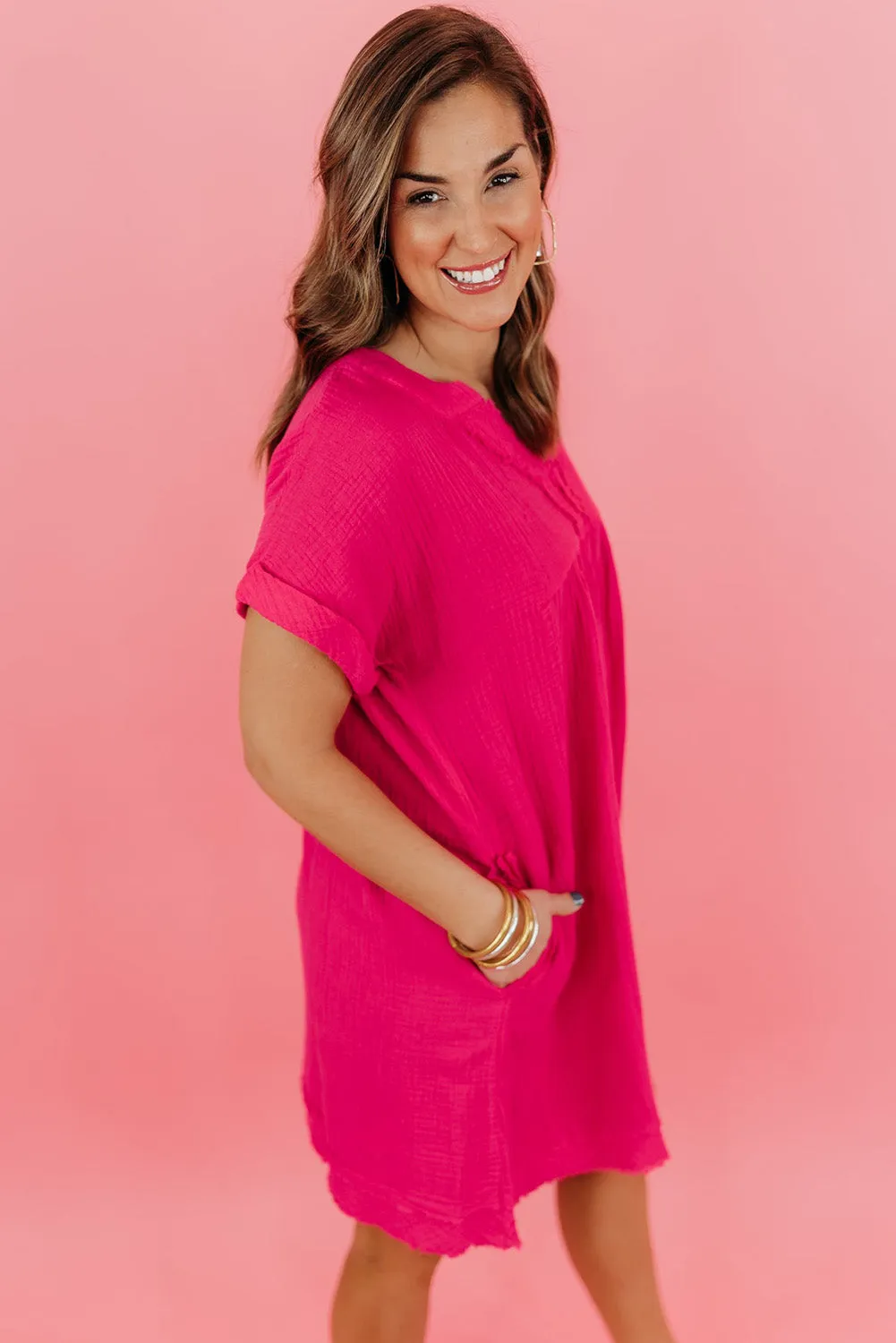 Rose Plus Size Ruched V Neck Pocket Short Sleeves Mini Dress