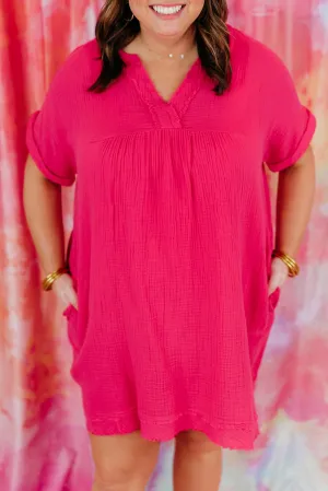 Rose Plus Size Ruched V Neck Pocket Short Sleeves Mini Dress