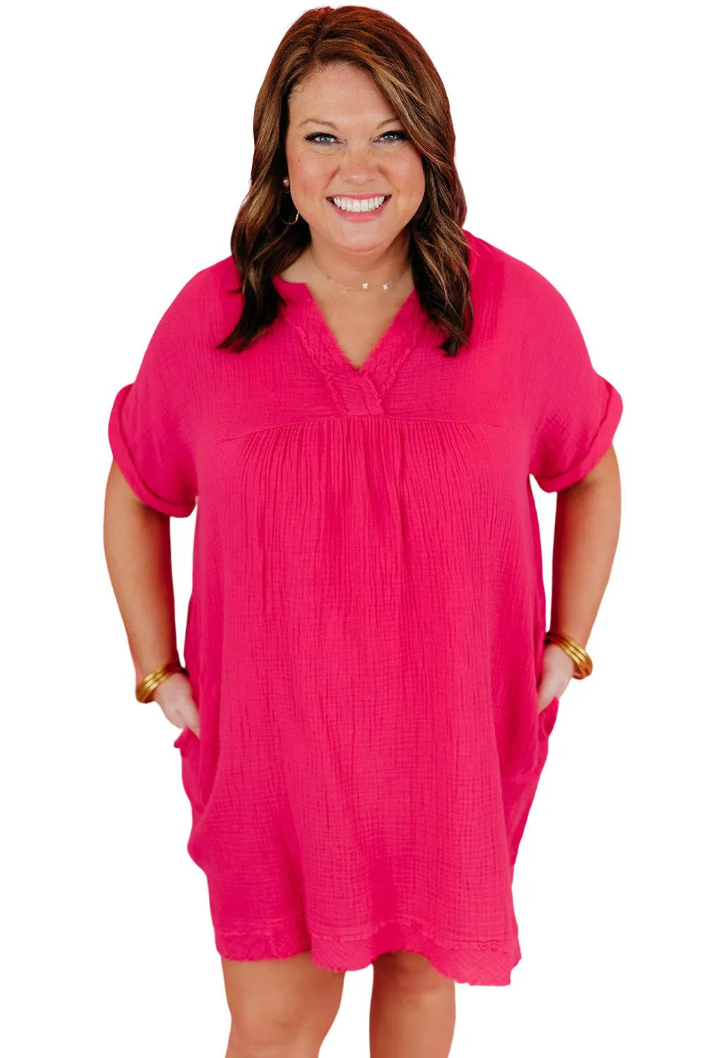 Rose Plus Size Ruched V Neck Pocket Short Sleeves Mini Dress