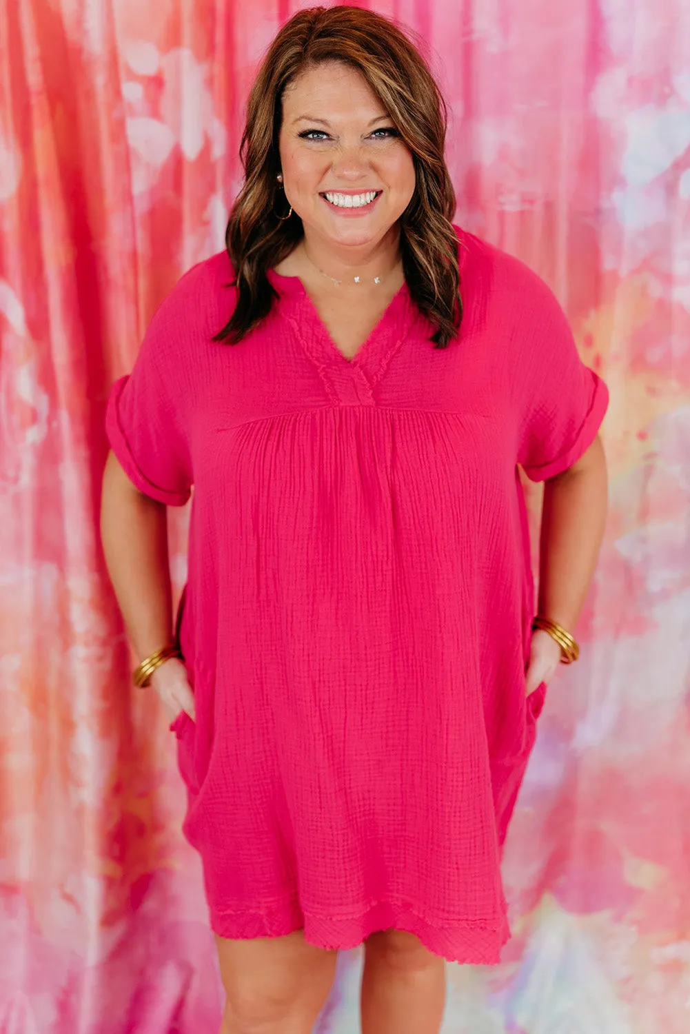 Rose Plus Size Ruched V Neck Pocket Short Sleeves Mini Dress