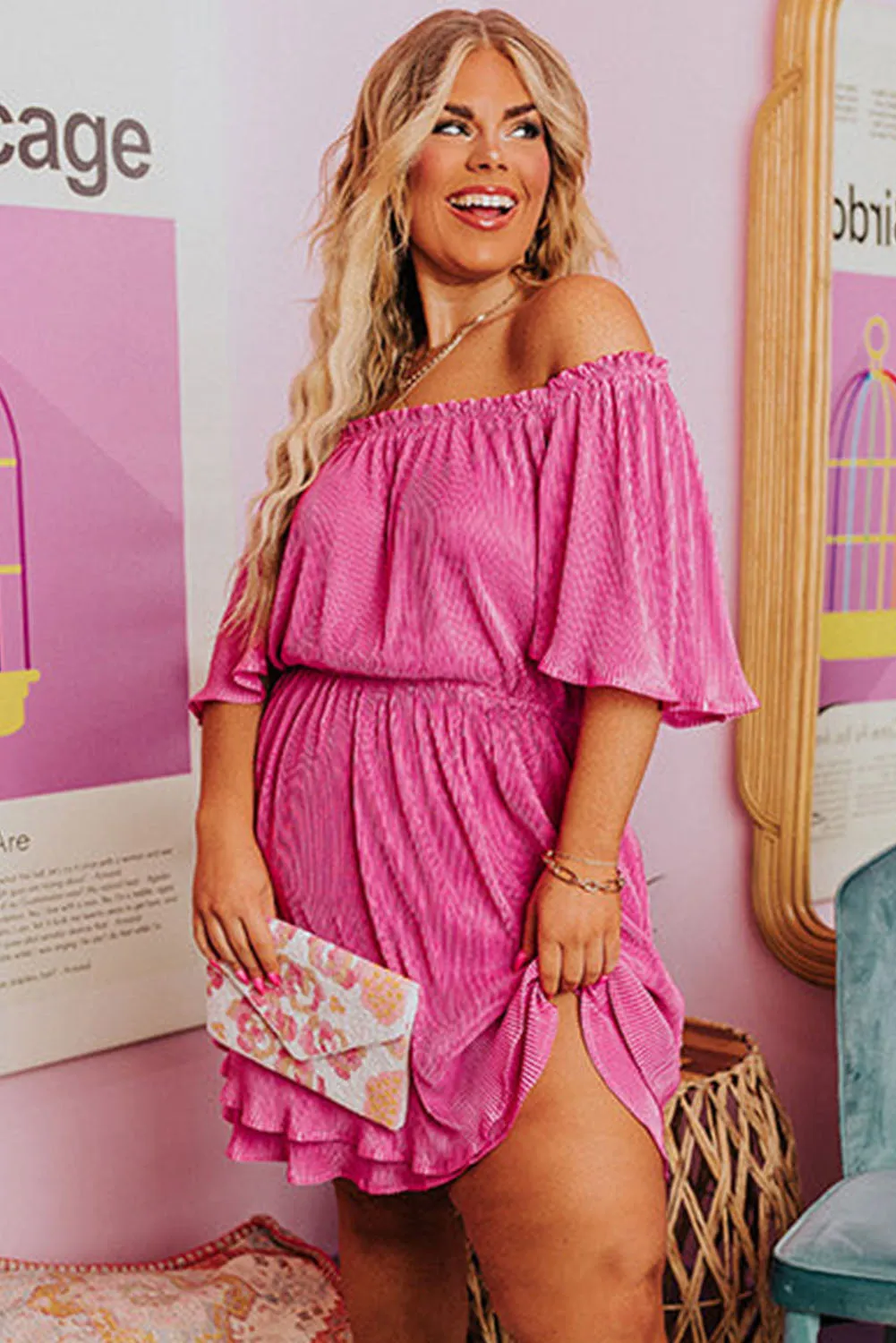 Rose Ruffled Off Shoulder High Waist Plus Size Mini Dress