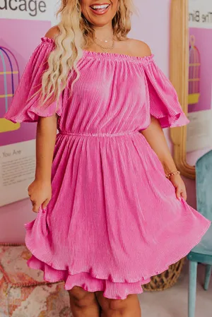 Rose Ruffled Off Shoulder High Waist Plus Size Mini Dress
