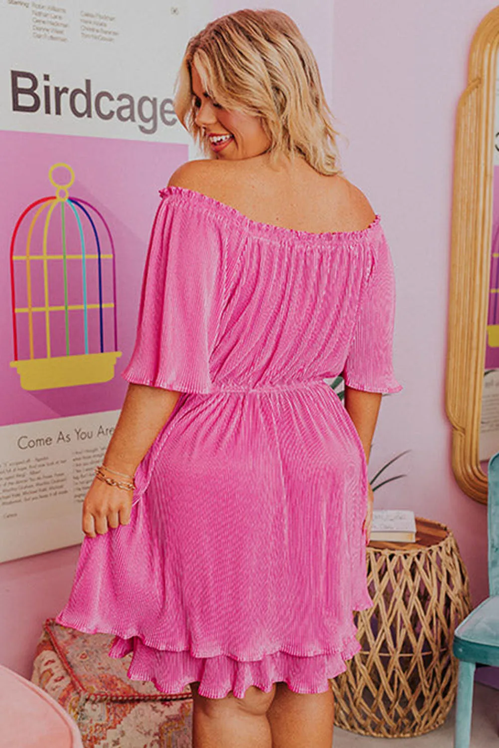 Rose Ruffled Off Shoulder High Waist Plus Size Mini Dress