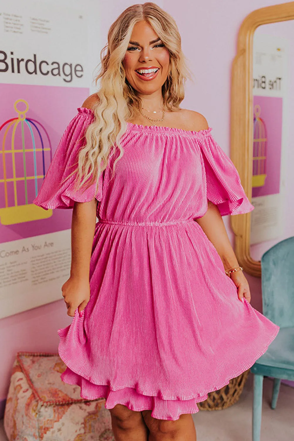 Rose Ruffled Off Shoulder High Waist Plus Size Mini Dress