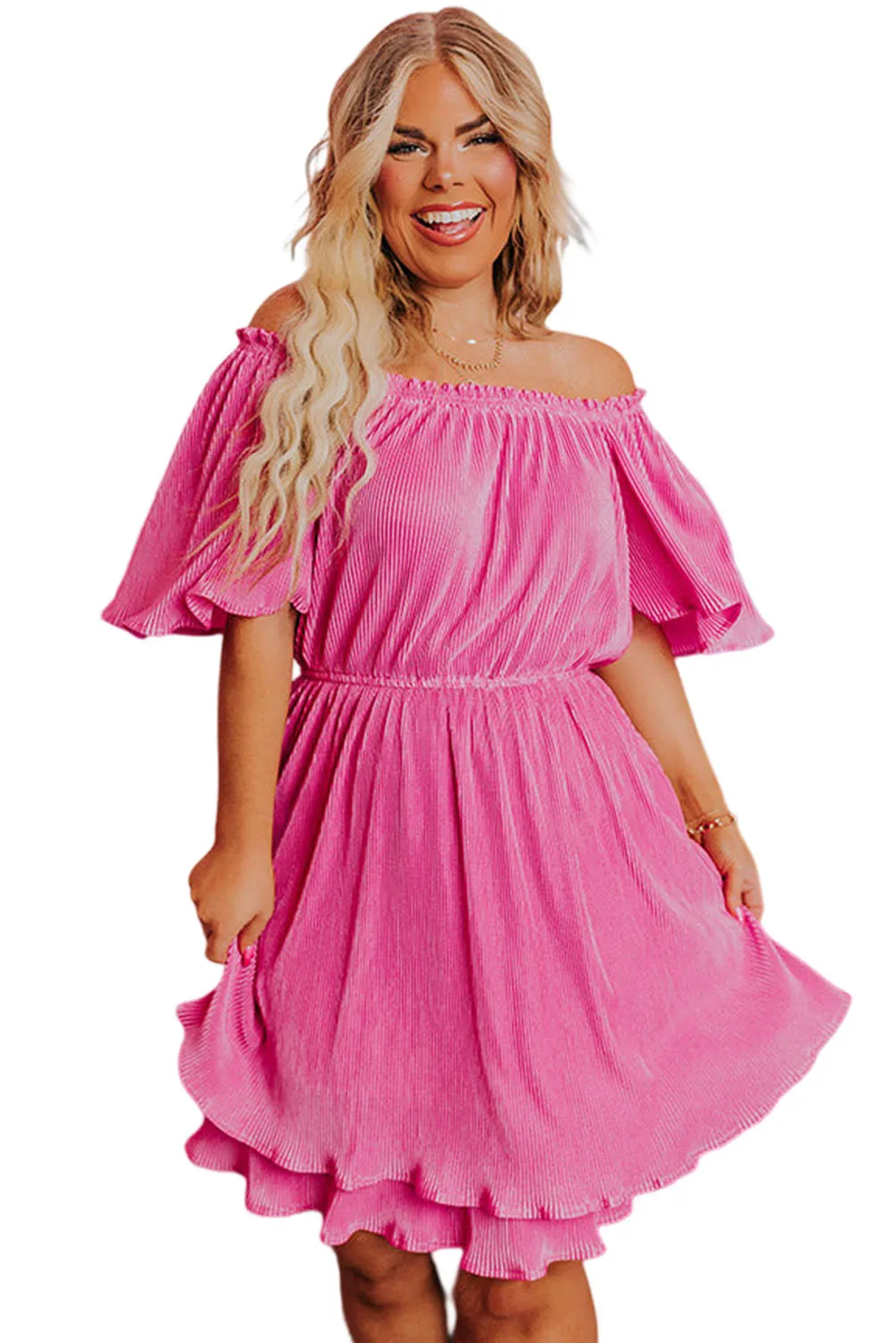 Rose Ruffled Off Shoulder High Waist Plus Size Mini Dress