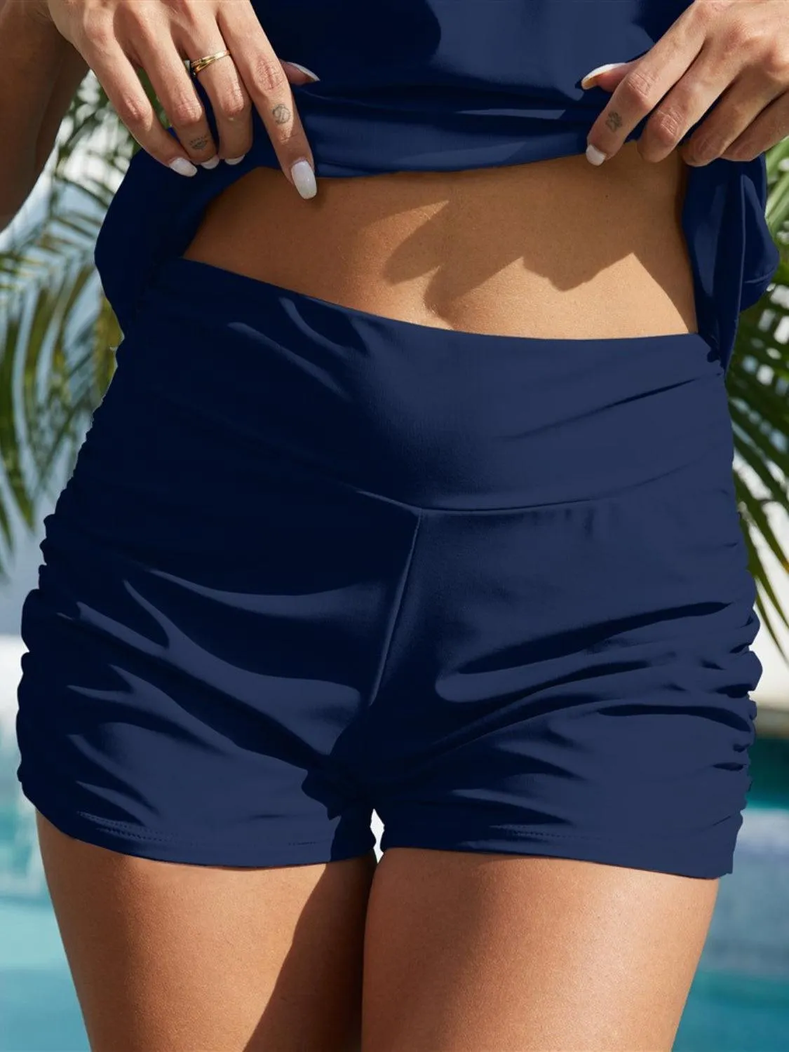 Ruched Sides Mid Rise Swim Shorts