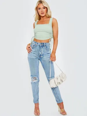 Sage Green Ribbed Cropped Ruched Crop Top Vest