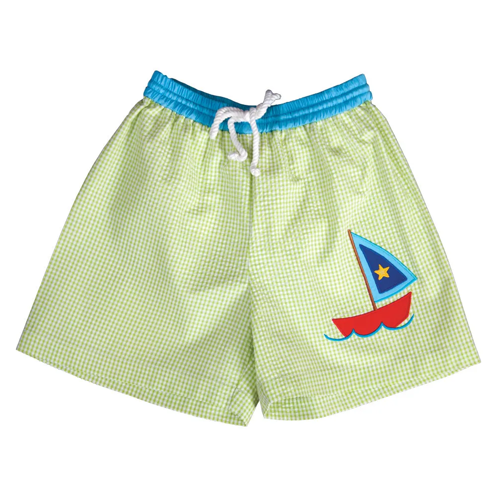 Sailboat Applique Apple Green Gingham Seersucker Boy Swim Shorts